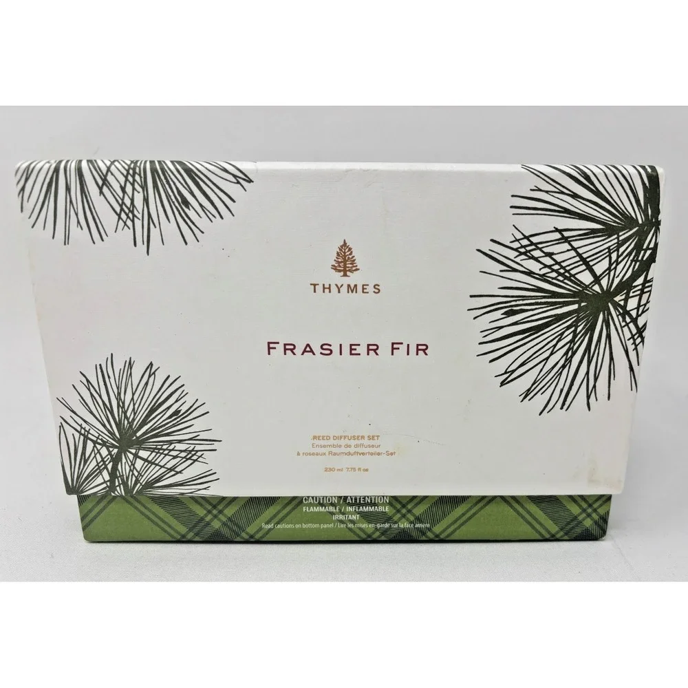 NIB Thymes Frasier Fir Reed Diffuser Set 7.75 oz Green Glass Vessel